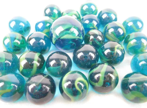 Vista 3 de ~ 25 canicas de vidrio tortuga marina azul/verde translúcido remolino estilo clásico paquete de juego (24 jugadores, 1 tirador) decoración/relleno
