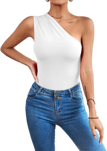 Vista 4 de LYANER Leotardo sexy de un hombro para mujer, fruncido, sin mangas, ajustado