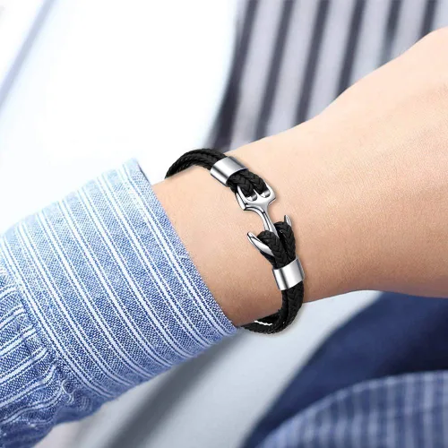 Vista 2 de MicLee Pulsera de cuero de anclaje vintage para hombre, pulsera multicapa, pulsera de cuerda con caja de regalo