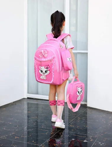 Vista 7 de Mochila escolar ligera de encaje con estampado de gatos, bolsa escolar de princesa, bolsa para libros, bolsa para bolígrafos para niñas de primaria