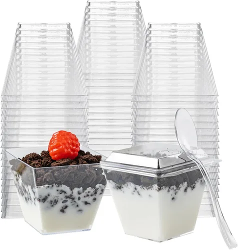 Vista 10 de HOMIP 60Pack 4oz Plastic Dessert Cups with Spoons (No lids), Parfait Cups Mini vasos cuadrados de plástico transparente para yogur, parfaits, pudín