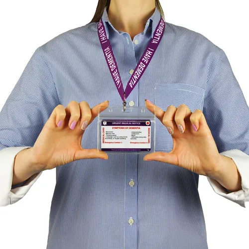 Vista 3 de Concientización de la tarjeta médica con panel grabable y cordón modelado, tarjeta de PVC de contacto de emergencia (Demencia)