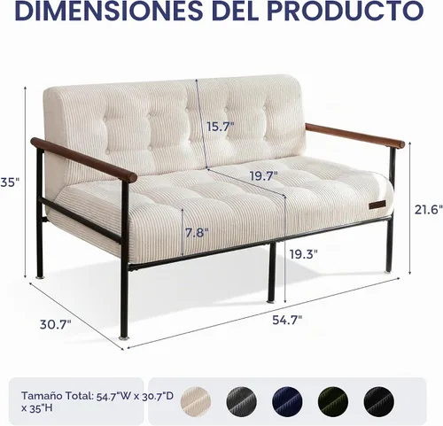 Vista 2 de MAXYOYO Silla decorativa para sala de estar, sofá biplaza con marco de metal resistente y reposabrazos de madera, sofá pequeño tapizado con botones