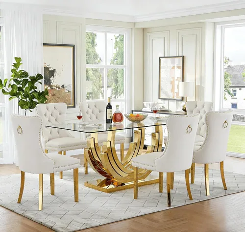 Vista 14 de Moderno juego de mesa de comedor de cristal de 5 piezas para 4, 70 pulgadas rectangular con 4 sillas copetudas de terciopelo beige, juego de mesa