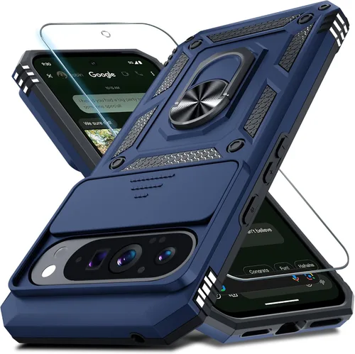Vista 45 de Janmitta - Funda compatible con Google Pixel 9 Pro XL con cubierta deslizante para lente de cámara incorporada + protector de pantalla + soporte
