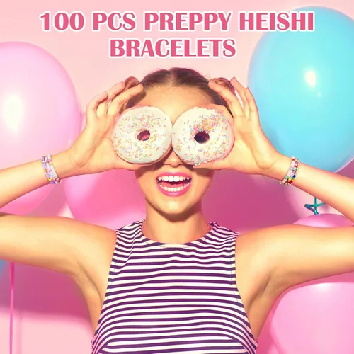 Vista 5 de Equsion 100 Pcs Preppy Heishi Surfer Bracelets Set Colorful Beaded Stretch Bracelets Clay Bracelets for Women Girls Teens