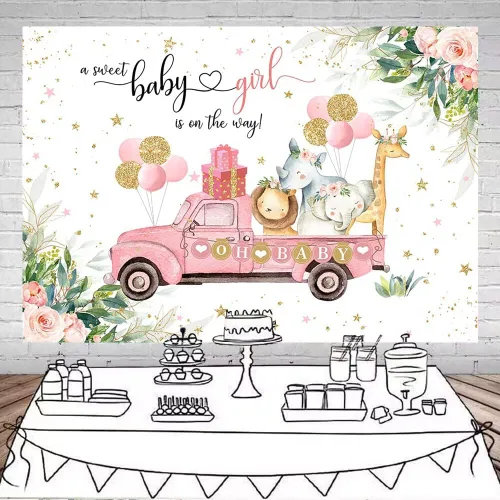 Vista 2 de Mocsicka Telón de fondo para baby shower con texto en inglés "A Sweet Baby Girl Is On The Way", telón de fondo de fotografía para mesa de pastel