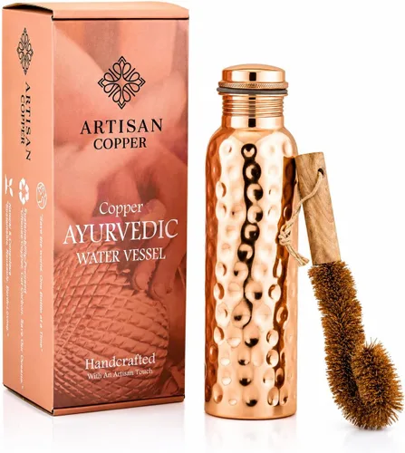 Vista 10 de Artisan - Botella de agua ayurvédica de cobre de 32 onzas, hecha a mano, 100% cobre puro, botella martillada para beber con cepillo de madera, a