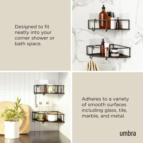Vista 5 de Umbra Cubiko - Estante de esquina para ducha, estantes flotantes de metal con tiras de montaje adhesivas, paquete de 2, color negro