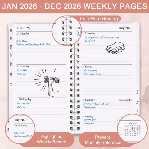 Vista 3 de Planificador de bolsillo/Calendario 2026 - enero de 2026 a diciembre de 2026, A6 Organizador semanal y mensual, cuaderno y diario para rastrear