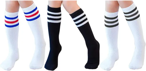Vista 16 de TOCONFFON Calcetines de tubo hasta la rodilla para niños, niñas y adolescentes, calcetines deportivos de algodón para la escuela de fútbol, uniforme