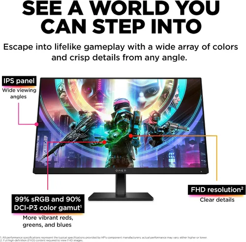 Vista 3 de HP OMEN - Monitor para juegos FHD de 23.8 pulgadas, 165 Hz, pantalla FHD (1920 x 1080), panel IPS, 99% sRGB, 90% DCI-P3, 16:9, tecnología AMD