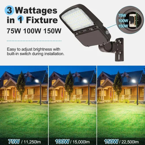 Vista 2 de Luz LED de estacionamiento de 150 W con fotocélula, luces LED regulables para exteriores con ajuste deslizante y soporte de brazo en 1, 22500LM