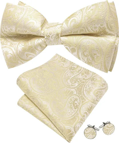 Vista 8 de Barry.Wang Pajarita de Rayas Paisley para Hombre de Seda Preatada Pañuelo de Bolsillo Gemelos Juego Formal Boda Fiesta Graduación