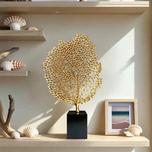 Vista 2 de Decozen Escultura de coral de resina para decoración del hogar, acabado dorado para consola de temporada, estante de mesa en habitación, dormitorio