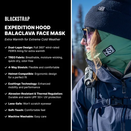 Vista 2 de BLACKSTRAP Expedition - Pasamontañas con capucha, doble capa, transpirable, absorbe la humedad y compatible con casco, talla única