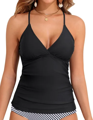 Vista 9 de Holipick Tankini para mujer, cuello en V, control de abdomen, parte superior de baño, fruncido, sin parte inferior