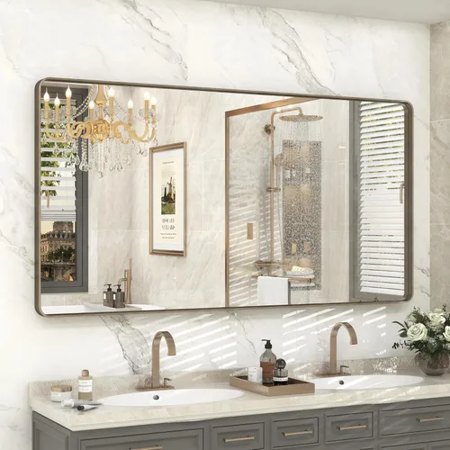 Vista 145 de Paquete de 2 espejos de baño con marco de metal negro de 22 x 30 pulgadas, espejo rectangular redondeado negro mate, antioxidante, se cuelga