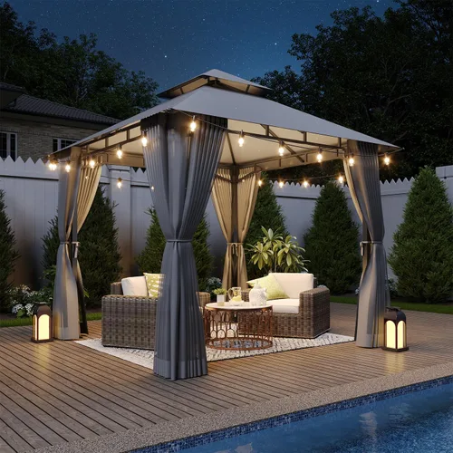 Vista 26 de Aoxun Gazebo de 8 x 8 con doble techo y mosquitera, tienda de campaña para exteriores de alta resistencia, tienda de campaña para patio