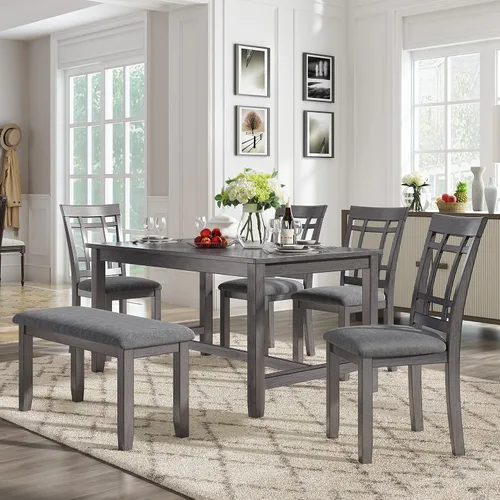 Vista 2 de Juego de mesa de comedor de madera de 6 piezas, juego de mesa de cocina con rectangular, juego de mesa de comedor con banco tapizado y 4 sillas