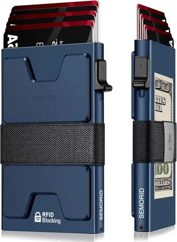 Vista 11 de Cartera delgada de aluminio para hombre, placa trasera expandible duradera, bloqueo RFID, billetera desplegable de metal minimalista, con capacidad