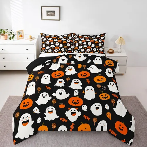 Vista 9 de Feelyou Juego de edredón de Halloween, color rosa fantasma, juego de ropa de cama tamaño individual, decoración para niños y niñas, lindo juego