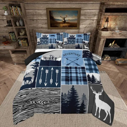 Vista 51 de Juego de edredón de cabaña rústica navideña, juego de ropa de cama estilo rústico con diseño de osos y ciervos, tamaño completo, patchwork Multi 08