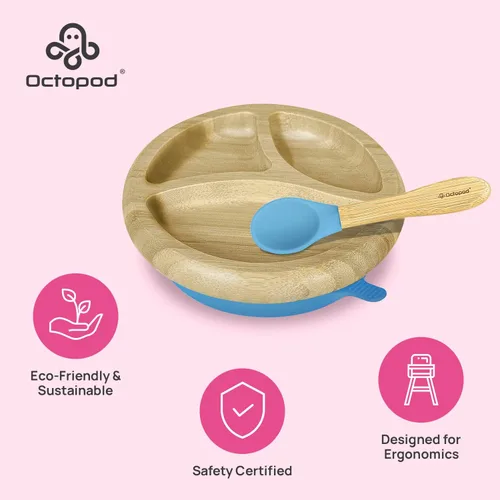 Vista 3 de Abiie Octopod Bamboo Dish & Spoon - Plato de succión para bebé - 4 meses y más - Azul 3-Compartment Round Kids Plate, High Chair Accessories