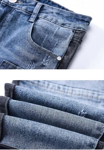 Vista 9 de SABATUTU Pantalones de mezclilla ajustados para hombre, elásticos, rasgados, desgastados, de pierna recta, a la moda, cintura alta y flexible