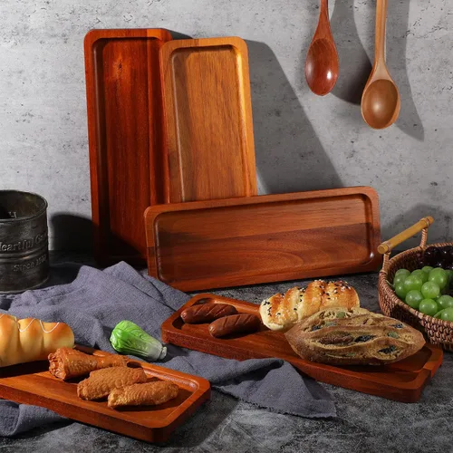 Vista 5 de Skylety Paquete de 15 bandejas de madera maciza para servir grandes de acacia para fiestas, tablero rectangular de charcutería con mango ranurado