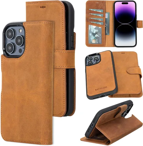 Vista 14 de Bayelon Funda para iPhone 14, funda de cuero de grano completo, [2 en 1], funda magnética desmontable con ranuras para tarjetas, soporte y función
