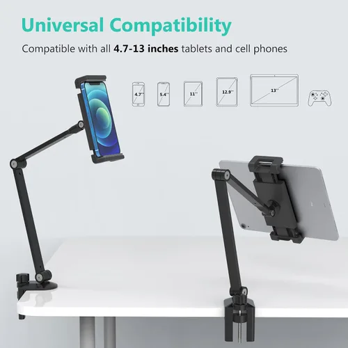 Vista 4 de Soporte de Escritorio para iPad, Abrazadera Ajustable para Tablet, Rotación de 360 Grados, Montura de Brazo de Tablet de Aluminio Resistente
