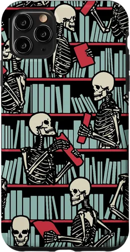 Vista 13 de iPhone 16 Bookish Public Library Skeleton Goth Librarian Books Pattern Case