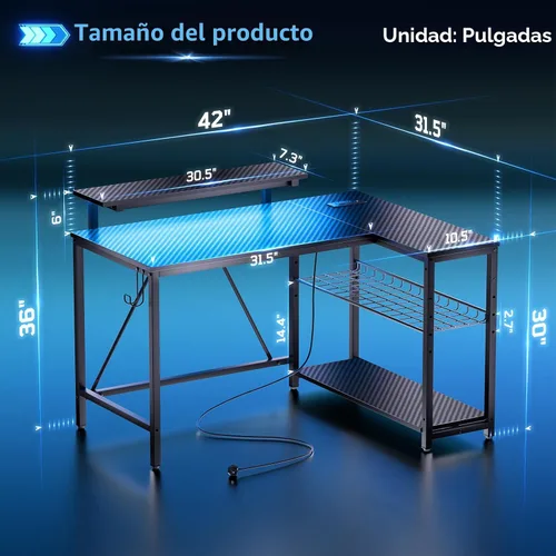 Vista 3 de Bestier - Escritorio de juegos con tomas de corriente, escritorio para computadora de 42 pulgadas en forma de L con luces LED, escritorio