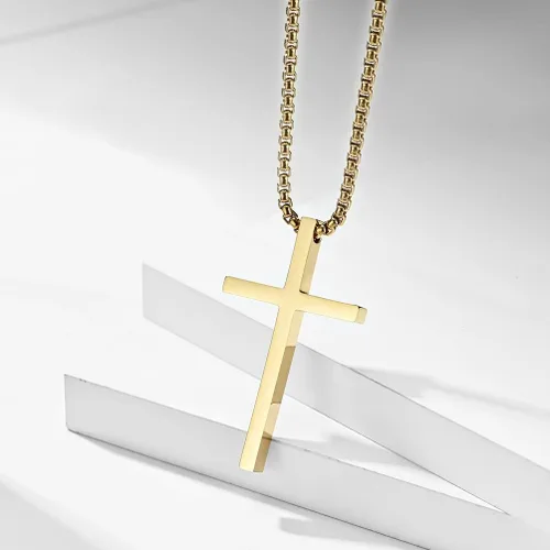 Vista 3 de FULULAY Collar de cruz para hombre, pequeño mediogrande de acero inoxidable con colgante de cruz lisa para niño, cadena Rolo de 16-24 pulgadas