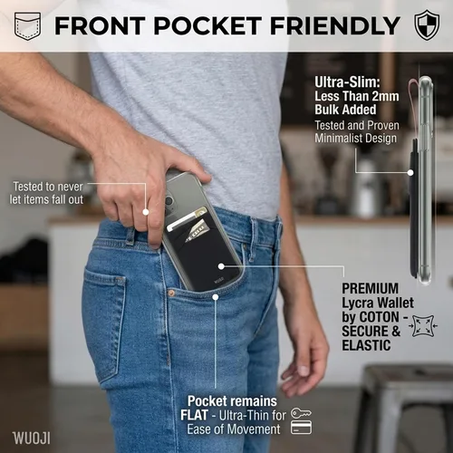 Vista 6 de Cartera para tarjetas de teléfono con bloqueo RFID, doble bolsillo seguro, ultradelgada, autoadhesiva, funda para tarjetas de crédito, calcomanía