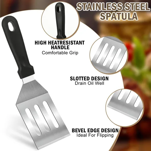 Vista 3 de Juego de 4 espátulas de acero inoxidable, espátula sólida y ranurada con raspador de media luna, utensilios de cocina de metal para cocinar, voltear