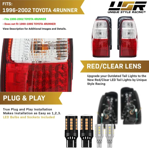 Vista 4 de USR DEPO 96-02 Luces traseras para 4Runner - Rojo/Transparente Plug and Play TODOS LOS LED INCLUIDOS Juego de lámparas traseras