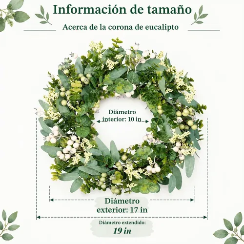Vista 4 de Vlorart Coronas Artificiales de Primavera y Verano de Navidad de Vegetación Verde para Puerta Delantera Corona de Hojas de Eucalipto Verde