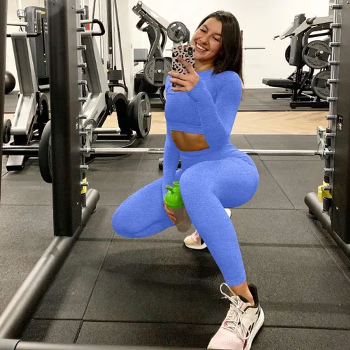 Vista 6 de OYS Conjuntos de entrenamiento para mujer trajes de 2 piezas sin costuras cintura alta leggings de yoga de manga larga camiseta corta para gimnasio