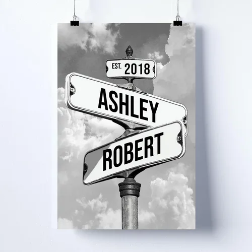 Vista 4 de Mapileng Lienzo personalizado de Crossroads Street Sign para parejas, nombres personalizados y fecha, arte de pared vintage, regalo del día de San