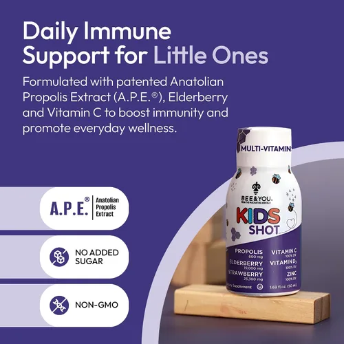 Vista 2 de Suplemento de apoyo inmunológico para niños BEE and You, propóleos 100% natural, vitamina C, saúco, miel cruda, antioxidantes, alternativa a