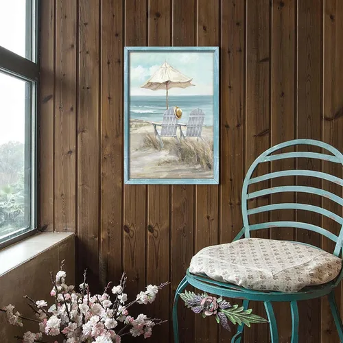 Vista 3 de Arte de pared enmarcado costero abstracto, imagen de silla de playa, pintura moderna del océano, impresiones de paisaje marino relajante, decoración