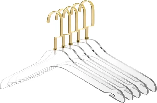 Vista 10 de Perchas de acrílico transparente de calidad, paquete de 5, elegante colgador con ganchos dorados, organizador de armario que ahorra espacio