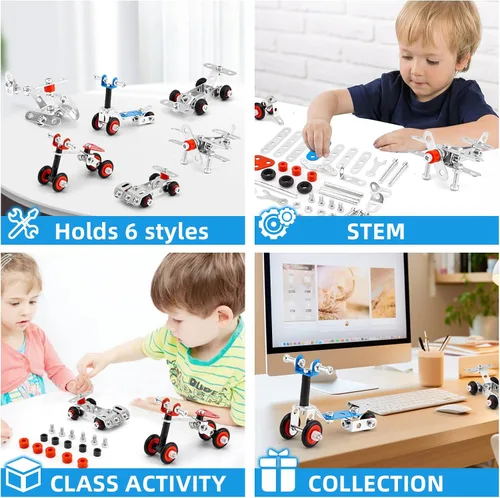 Vista 4 de BESTYMXY Juego de modelos de metal para autos y aviones, modelo de kit de construcción, 231 piezas, 6 modelos, juguetes de construcción de proyectos