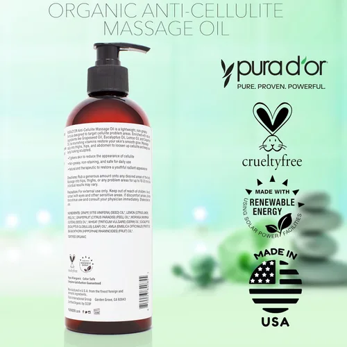 Vista 7 de PURA D'OR Aceite de masaje anticelulítico orgánico de 16 onzas para piernas tonificadas y glúteos, cáscara de limón, moringa, semilla de uva, pomelo
