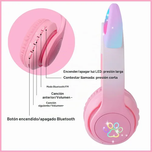 Vista 4 de Auriculares Bluetooth de orejas de gato para niñas, niños y adolescentes, luz LED, modo inalámbrico/con cable, auriculares estéreo plegables