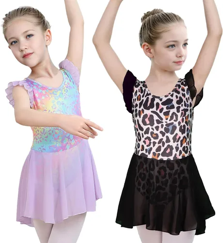 Vista 40 de iLover Vestido de leotardo clásico con tutú y mangas con volantes para niñas, para danza, gimnasia y ballet Negro