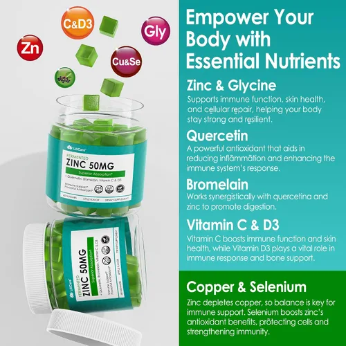 Vista 6 de Zinc Gummies 50mg + Quercetin & Bromelain, Vitamin C & D3, Copper, Selenium, Fermented Zinc Supplements for Women and Men for Immune Defense
