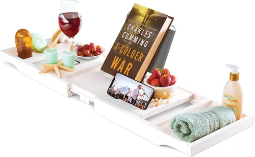 Vista 11 de Bambüsi Mesa de bandeja de bañera, plegable y ajustable, bandeja de bañera de bambú plegable, accesorios de bañera de madera, regalos únicos
